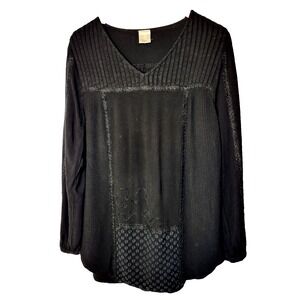 Blair Black Mixed Media‎ Pin Tucks Lace Embroidery Rayon Tunic Long Sleeve Large